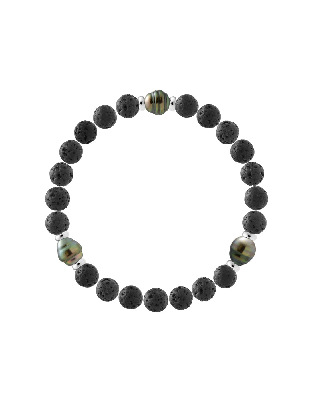 Bracelet 3 Perles de Tahiti Cerclées en Pierre de Lave Naturelle - Argent  925 - IPAMA